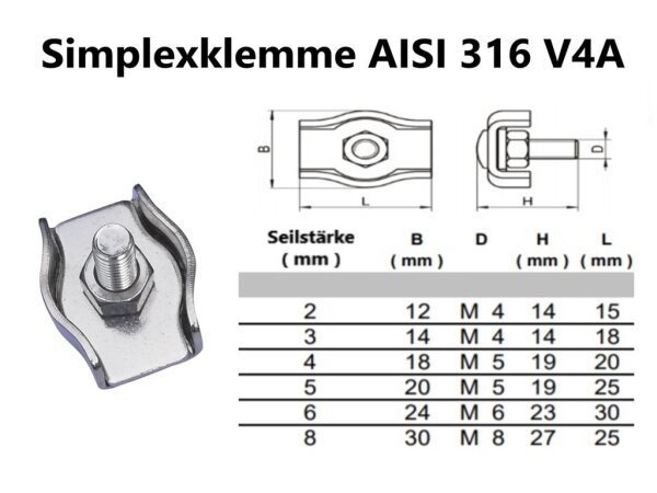 2mm 1 Stück Edelstahl Simplex Klemme für Drahtseile AISI 316 V4A