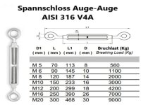 M8 2 Stück Edelstahl Spannschloss Spanner Auge-Auge für Drahtseile AISI 316 V4A