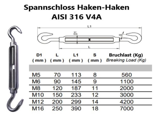 M5 1 Stück Edelstahl Spannschloss Spanner Haken-Haken für Drahtseile AISI 316 V4A