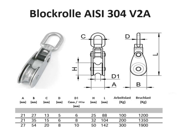 6mm 1 Stück Edelstahl Blockrolle für Seile AISI 304 A2