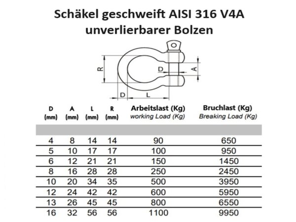 6mm 1 Stück Edelstahl Schäkel geschweift unverlierbarer Bolzen Schlüsselbolzen AISI 316