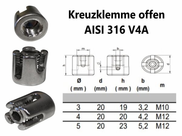 3mm 1 Stück Edelstahl Kreuzklemme offen AISI 316 V4A