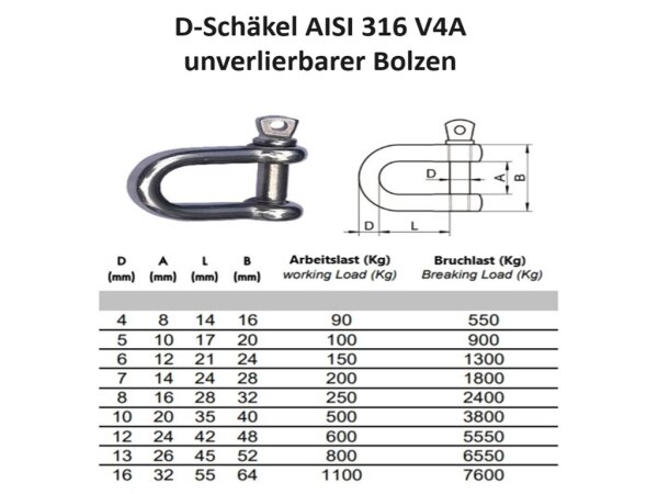 5mm 1 Stück Edelstahl D Schäkel unverlierbarer Bolzen Schlüsselbolzen AISI 314